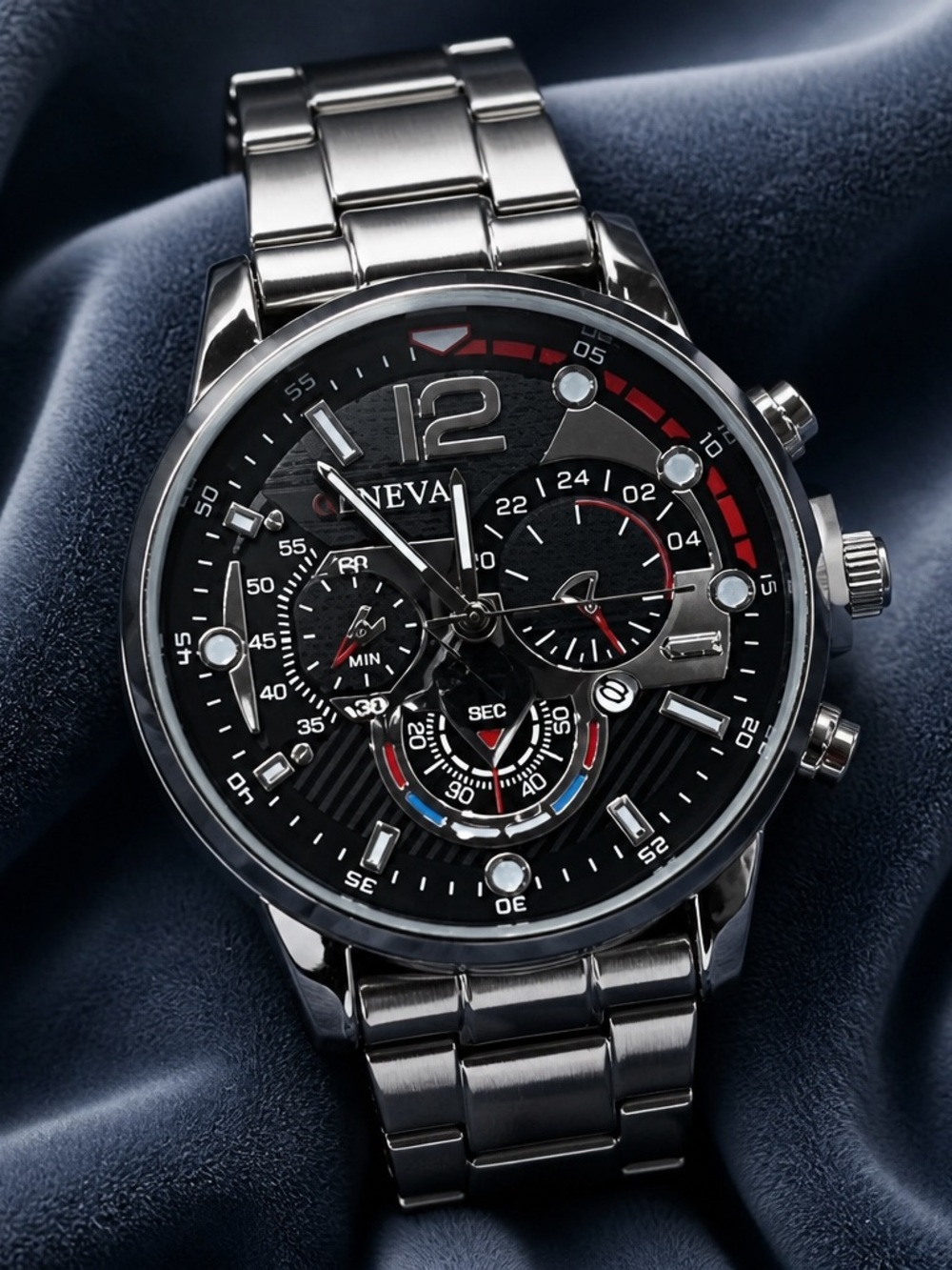 Men’s Geneva Black Dial Stainless Steel Watch with Red Accents 3 time zones